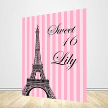 Load image into Gallery viewer, 16th Birthday Backdrop Eiffel Tower Pink Stripes Birthday Party Decoration-ubackdrop