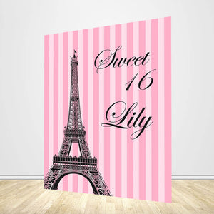 16th Birthday Backdrop Eiffel Tower Pink Stripes Birthday Party Decoration-ubackdrop