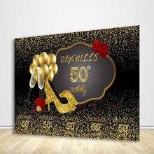 Load image into Gallery viewer, 50th Birthday Backdrop Black and Gold Step and Repeat Birthday Banner-ubackdrop