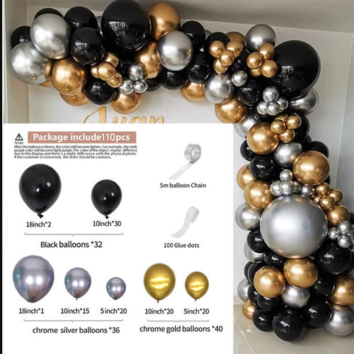 Black Gold Silver Birthday Balloon Garland Arch Kit-ubackdrop