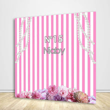 Load image into Gallery viewer, Garden Roses with Pearl Pink and White Stripes Backdrop Chanel Themed Birthday Backdrop Sweet 16 Birthday backdrop-ubackdrop