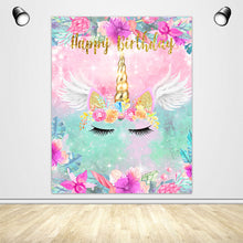 Load image into Gallery viewer, Unicorn Theme with Flowers and Wings Custom Backdrop for Birthday Party-ubackdrop
