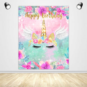 Unicorn Theme with Flowers and Wings Custom Backdrop for Birthday Party-ubackdrop