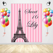 Load image into Gallery viewer, 16th Birthday Backdrop Eiffel Tower Pink Stripes Birthday Party Decoration-ubackdrop