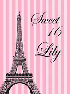 16th Birthday Backdrop Eiffel Tower Pink Stripes Birthday Party Decoration-ubackdrop