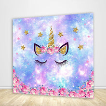 Load image into Gallery viewer, Unicorn Flower Blue and Purple Shiny Custom Baby Shower Backdrop-ubackdrop