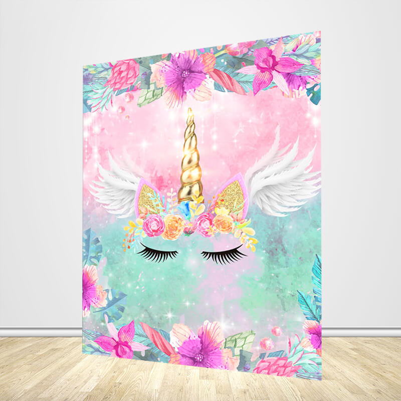 Unicorn Theme with Flowers and Wings Custom Backdrop for Birthday Party-ubackdrop