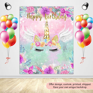 Unicorn Theme with Flowers and Wings Custom Backdrop for Birthday Party-ubackdrop